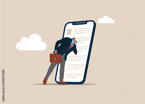 Businessman entering into a phone screen trying to find something. Searching, research, not found 404 page. Flat vector illustration.