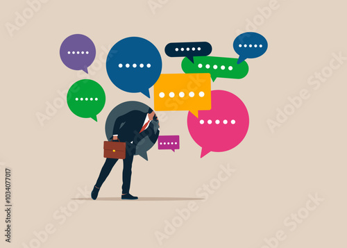 Businessman entering into a speech bubble and reads other people's messages. Productive dialogue. Flat vector illustration.