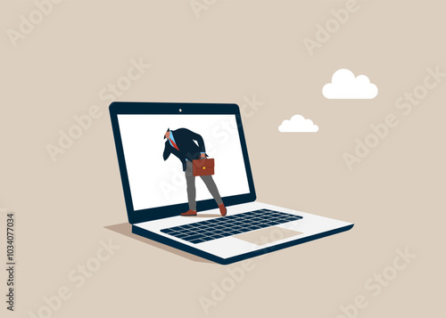 Businessman entering into a laptop screen trying to find something. Searching, research, not found 404 page. Flat vector illustration.