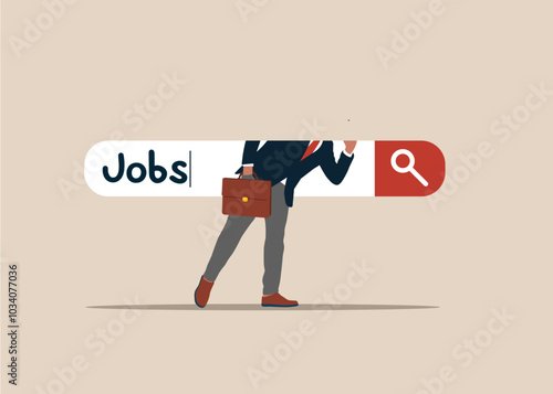 Businessman entering into a search bar  employment, career or job search, seek for vacancy or work position. Think outside the box. Flat vector illustration.