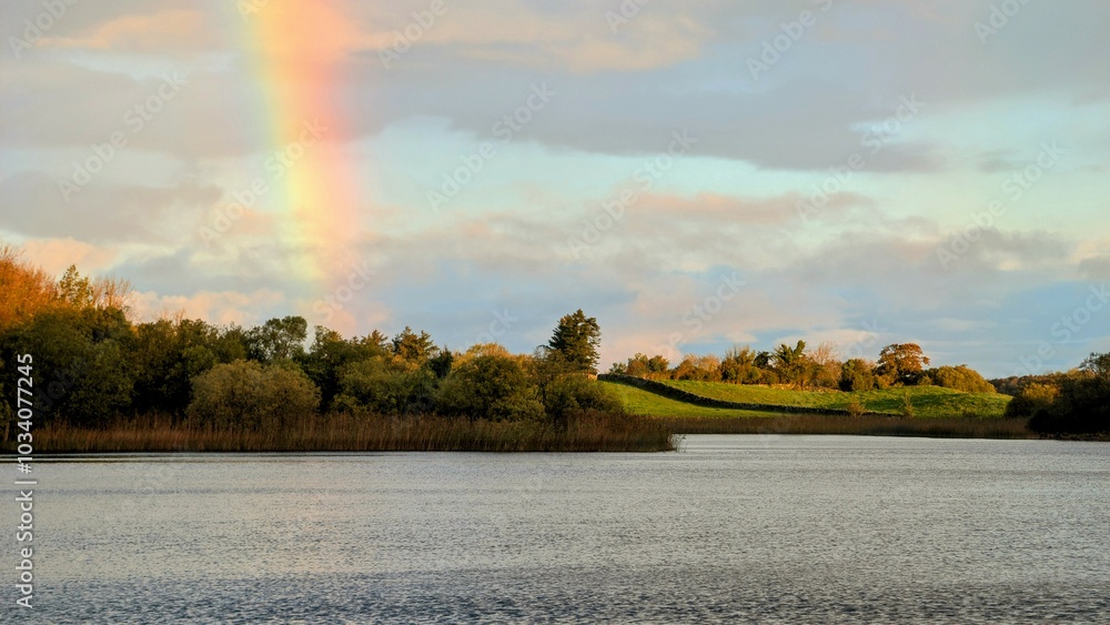Beautiful lakeside landscape scenery, Rainbow over Ross lake at Rosscahill, Galway, Ireland, nature background