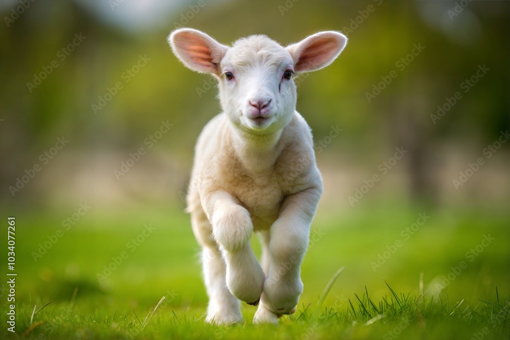 Fluffy white lamb joyfully running in meadow farm animal Fluffy white lamb joyfully running in meadow farm animal