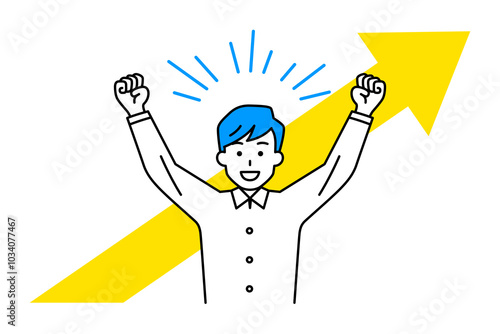 上昇する矢印とバンザイで喜ぶカジュアルな男性