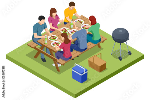 Isometric BBQ scene featuring a grill with various meats and vegetables cooking over an open flame. Outdoor barbecue, perfect for gatherings and casual summer cooking. Barbecue party by the pool.