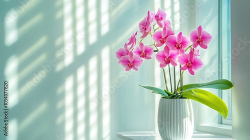 A pink orchid plant in a white pot sits on a windowsill in front of a window with sunlight streaming through it.