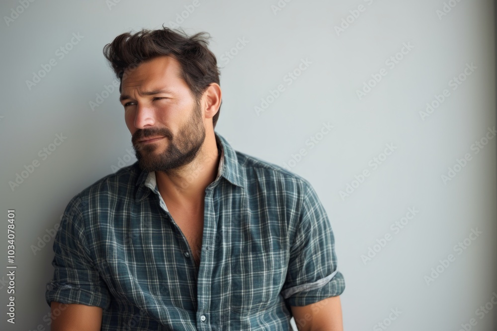 Portrait of a tender man in his 30s dressed in a relaxed flannel shirt in minimalist or empty room background Portrait of a tender man in his 30s dressed in a relaxed flannel shirt in minimalist or empty room background