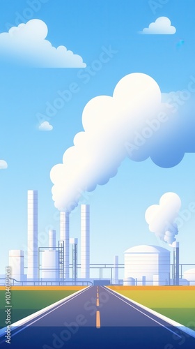 Modern Refinery with Rising Steam and Clear Sky, flat design illustration