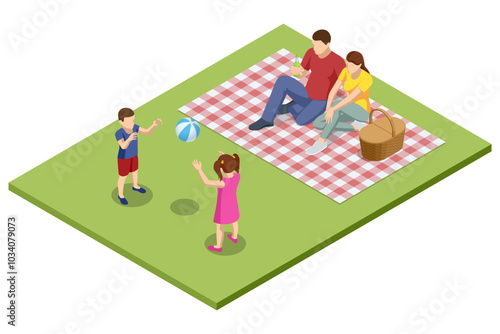 Isometric BBQ scene featuring a grill with various meats and vegetables cooking over an open flame. Outdoor barbecue, perfect for gatherings and casual summer cooking. Barbecue party by the pool.