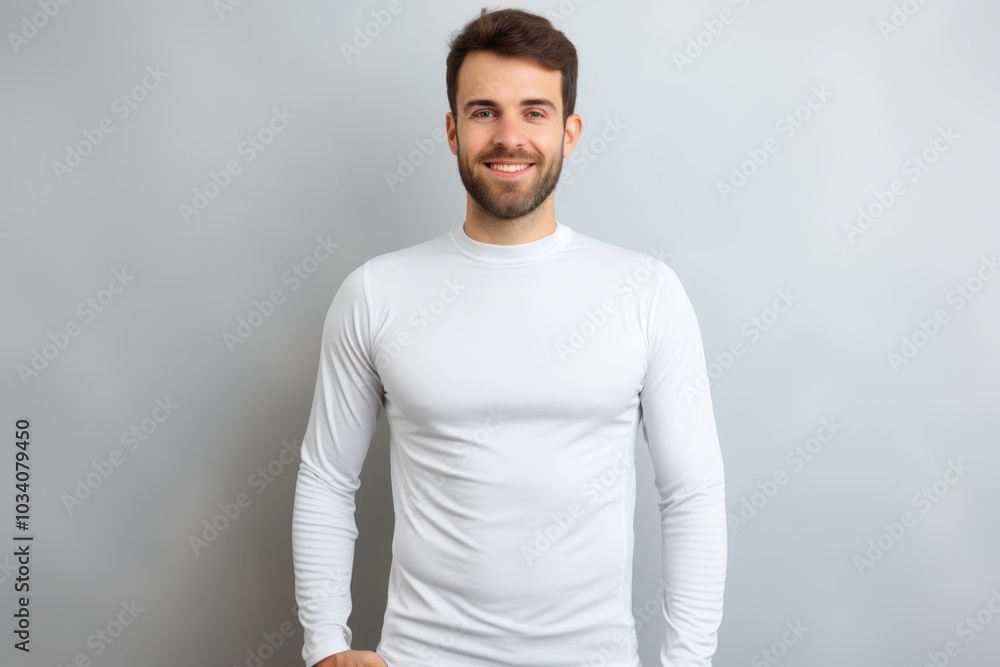 Portrait of a satisfied man in his 30s showing off a lightweight base layer in minimalist or empty room background Portrait of a satisfied man in his 30s showing off a lightweight base layer in minimalist or empty room background