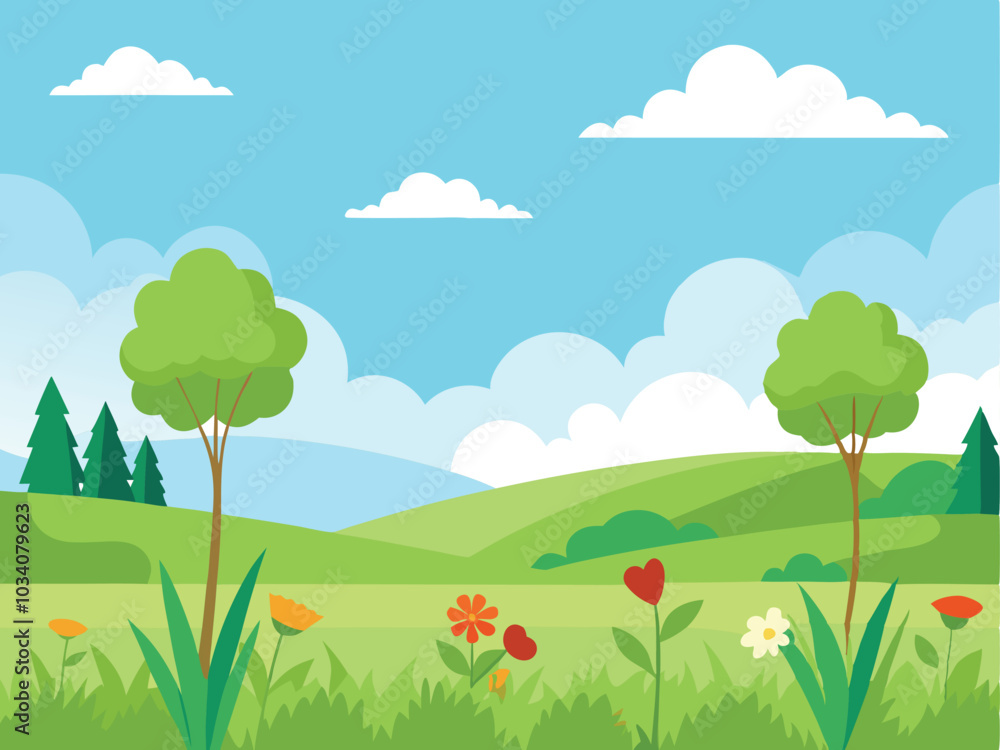 Fototapeta premium Lush Meadow Landscape with Wildflowers and Blue Sky for Nature-Inspired Designs
