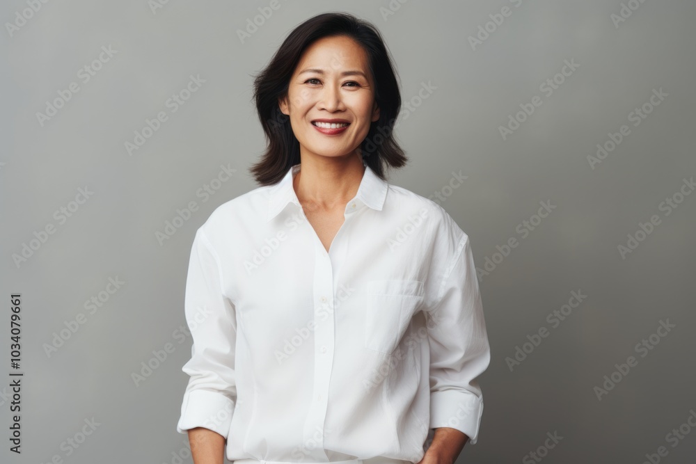 Portrait of a cheerful asian woman in her 40s wearing a classic white shirt in minimalist or empty room background Portrait of a cheerful asian woman in her 40s wearing a classic white shirt in minimalist or empty room background