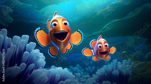 Two happy clown fishes under the sea