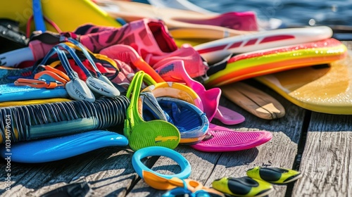 A close-up of colorful kitesurfing gear on a wooden dock.