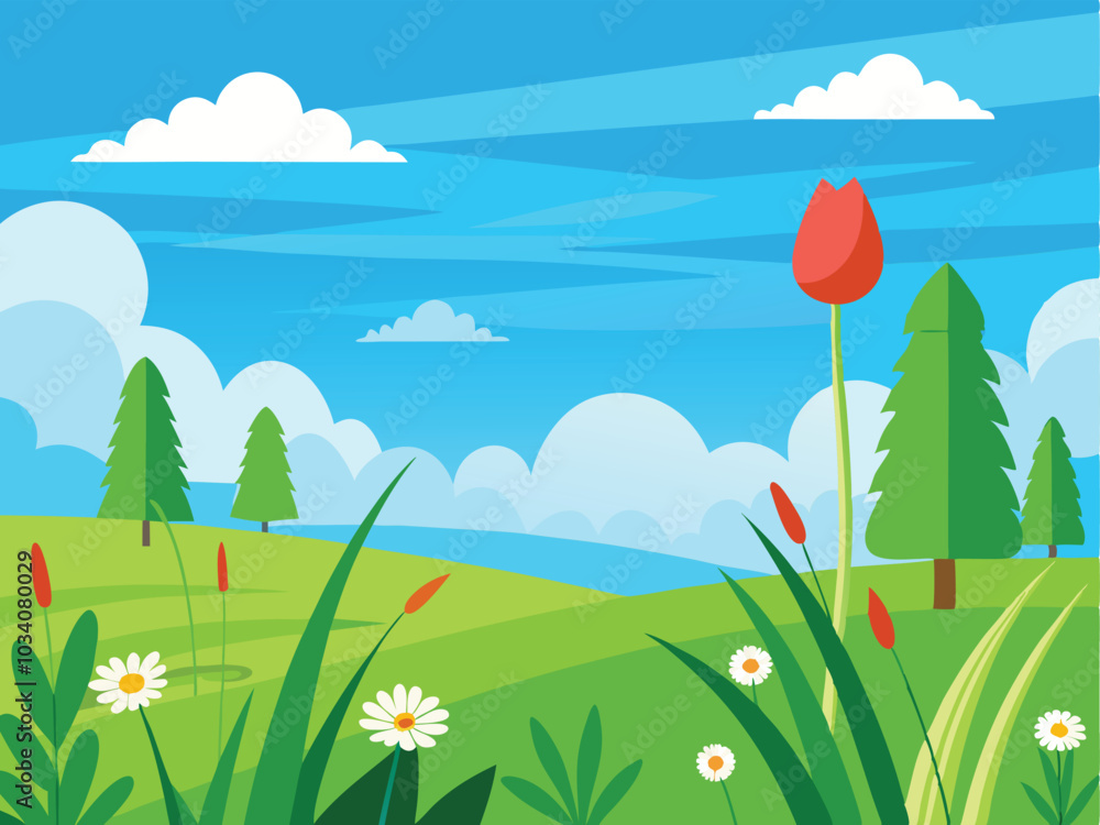 Fototapeta premium Lush Meadow Landscape with Wildflowers and Blue Sky for Nature-Inspired Designs