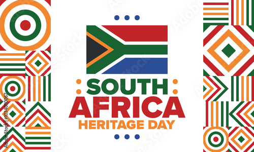 South Africa Heritage Day. Happy holiday. Celebrate culture and traditions of nation. South African flag. Poster with illustration. Pattern design. Vector