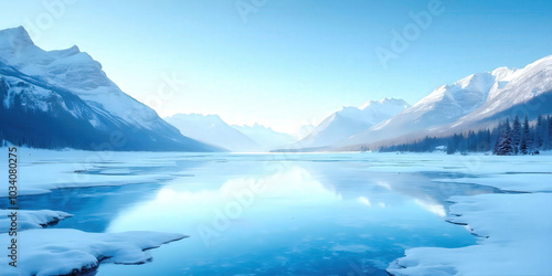 Majestic view of a frozen mountain lake surrounded by snow-capped peaks, reflecting the serene beauty of winter. Perfect for nature-themed, travel, and seasonal backgrounds