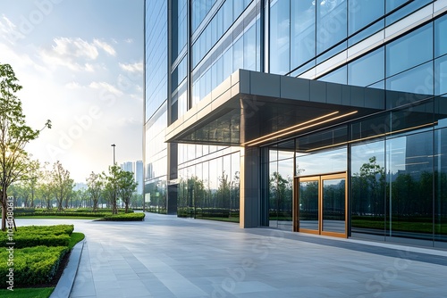 Modern Glass Office Building Entrance with Stone Pavement and Greenery