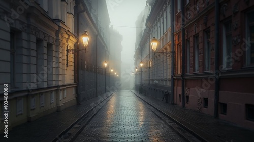 Fog in Cities Narrow Cobblestone Street in Historic European City with Vintage Lamps and Dense Fog