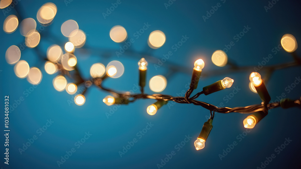 Soft bokeh lights illuminating a Christmas garland, set against a cool blue background. Minimalist holiday aesthetic with gentle, glowing lights enhancing the serene atmosphere Soft bokeh lights illuminating a Christmas garland, set against a cool blue background. Minimalist holiday aesthetic with gentle, glowing lights enhancing the serene atmosphere