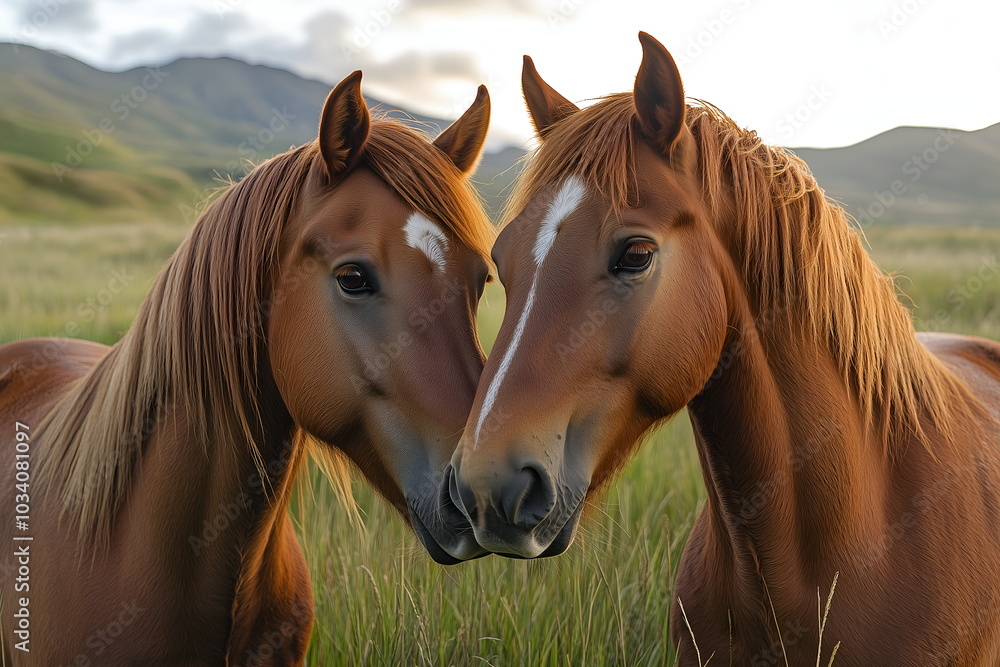 Obraz premium A pair of horses nuzzling each other in a green pasture, with mountains in the distance and soft sunlight