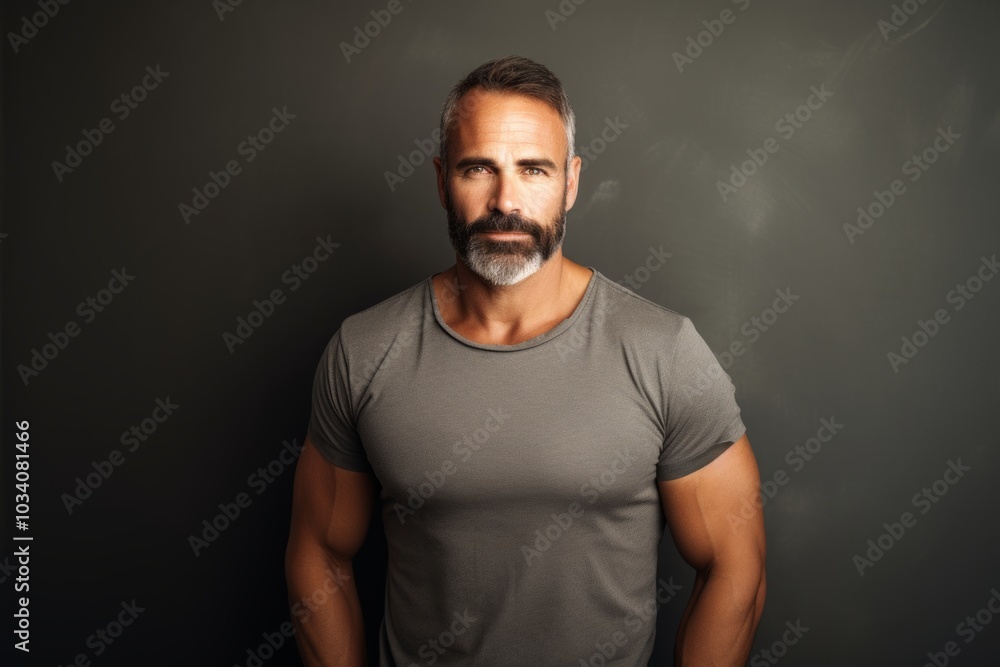 Portrait of a content man in his 40s donning a trendy cropped top in front of minimalist or empty room background Portrait of a content man in his 40s donning a trendy cropped top in front of minimalist or empty room background