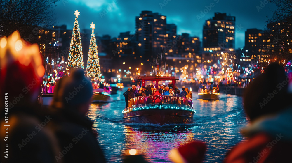The magnificent Winterfest boat parade on the water, boats decorated with colorful Christmas lights, sailing along the river, Ai generated images The magnificent Winterfest boat parade on the water, boats decorated with colorful Christmas lights, sailing along the river, Ai generated images