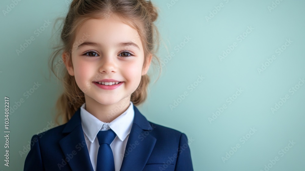 Bright and Charming Young Girl Smiling in a Smart Suit Against a Soft Mint Green Background Bright and Charming Young Girl Smiling in a Smart Suit Against a Soft Mint Green Background