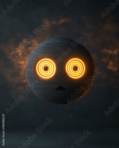 Mysterious glowing sphere with spiral eyes in a dark atmosphere, evoking curiosity and wonder. Unique digital art concept in 3D rendering.