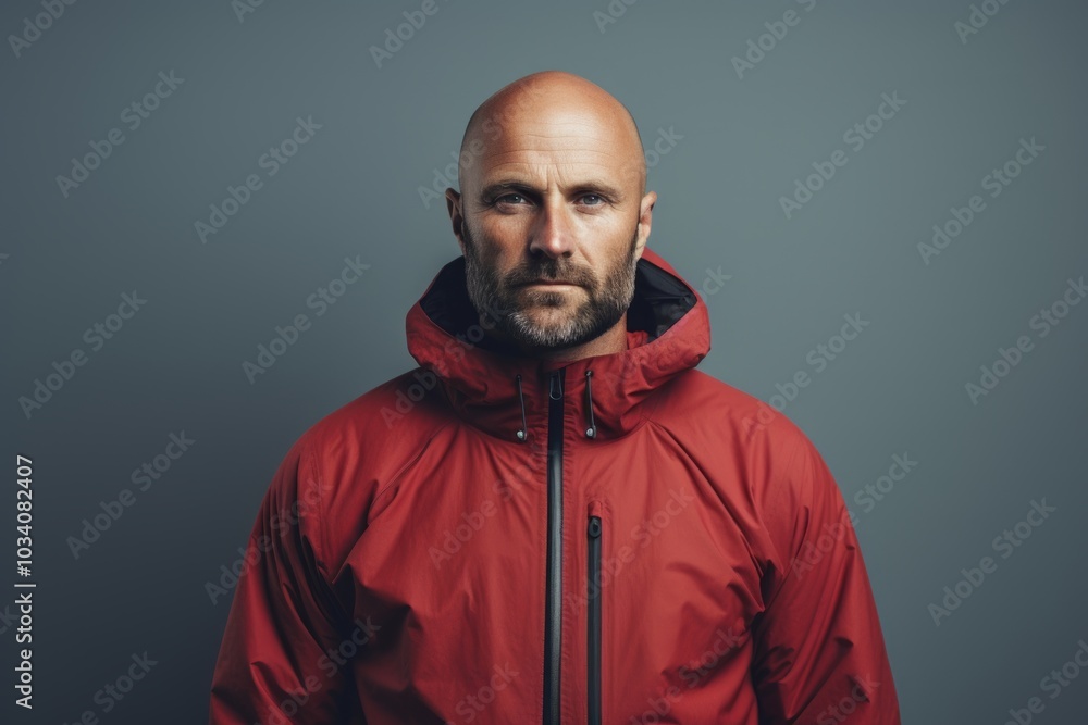 Portrait of a glad man in his 40s wearing a functional windbreaker isolated on minimalist or empty room background Portrait of a glad man in his 40s wearing a functional windbreaker isolated on minimalist or empty room background