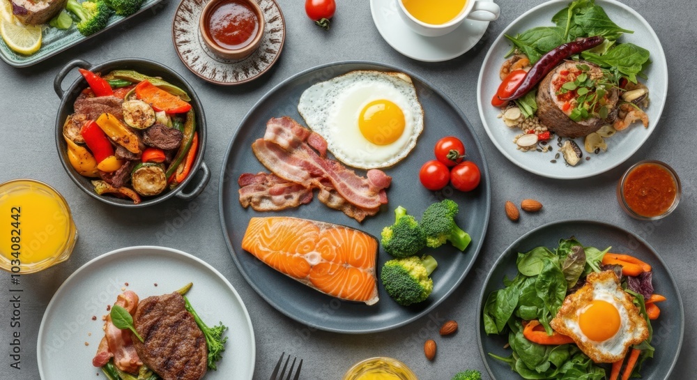A vibrant assortment of healthy dishes is artfully arranged on a gray textured table. A vibrant assortment of healthy dishes is artfully arranged on a gray textured table.