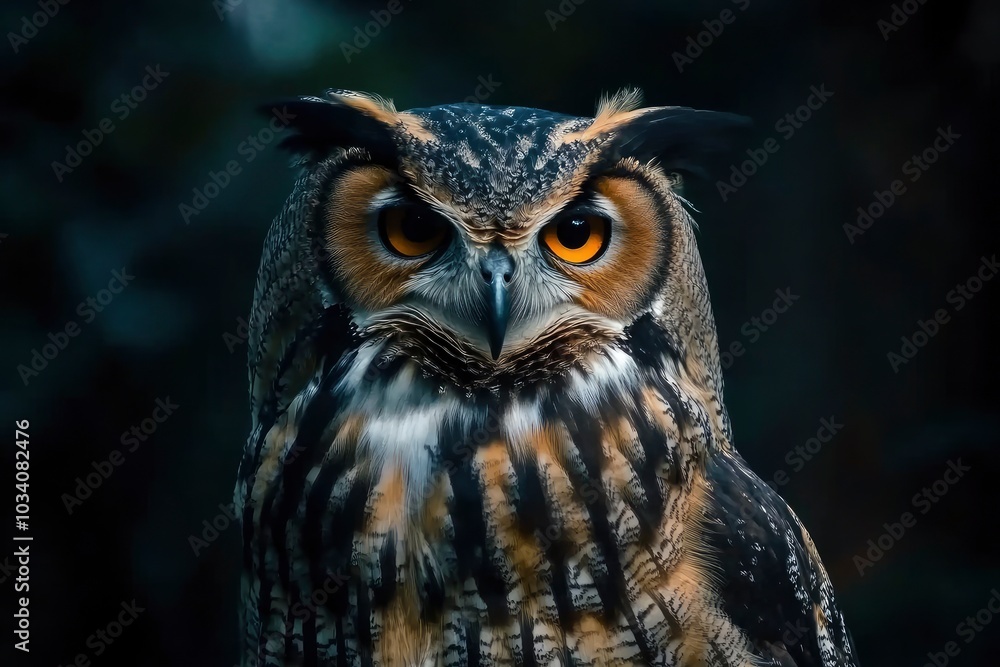 big brown owl on the black background - generative ai big brown owl on the black background - generative ai
