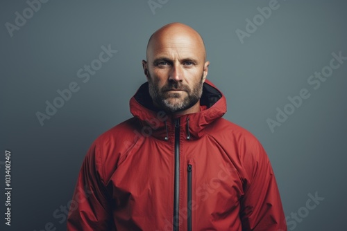 Portrait of a glad man in his 40s wearing a functional windbreaker isolated on minimalist or empty room background