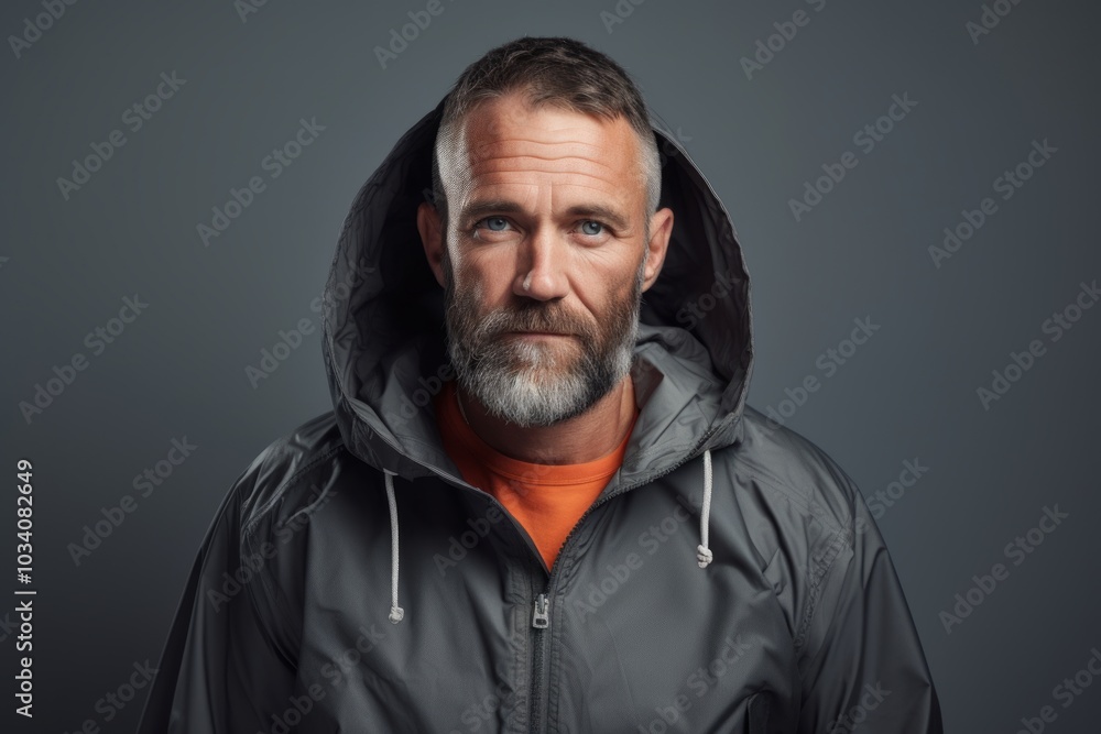 Fototapeta premium Portrait of a glad man in his 40s wearing a functional windbreaker over minimalist or empty room background