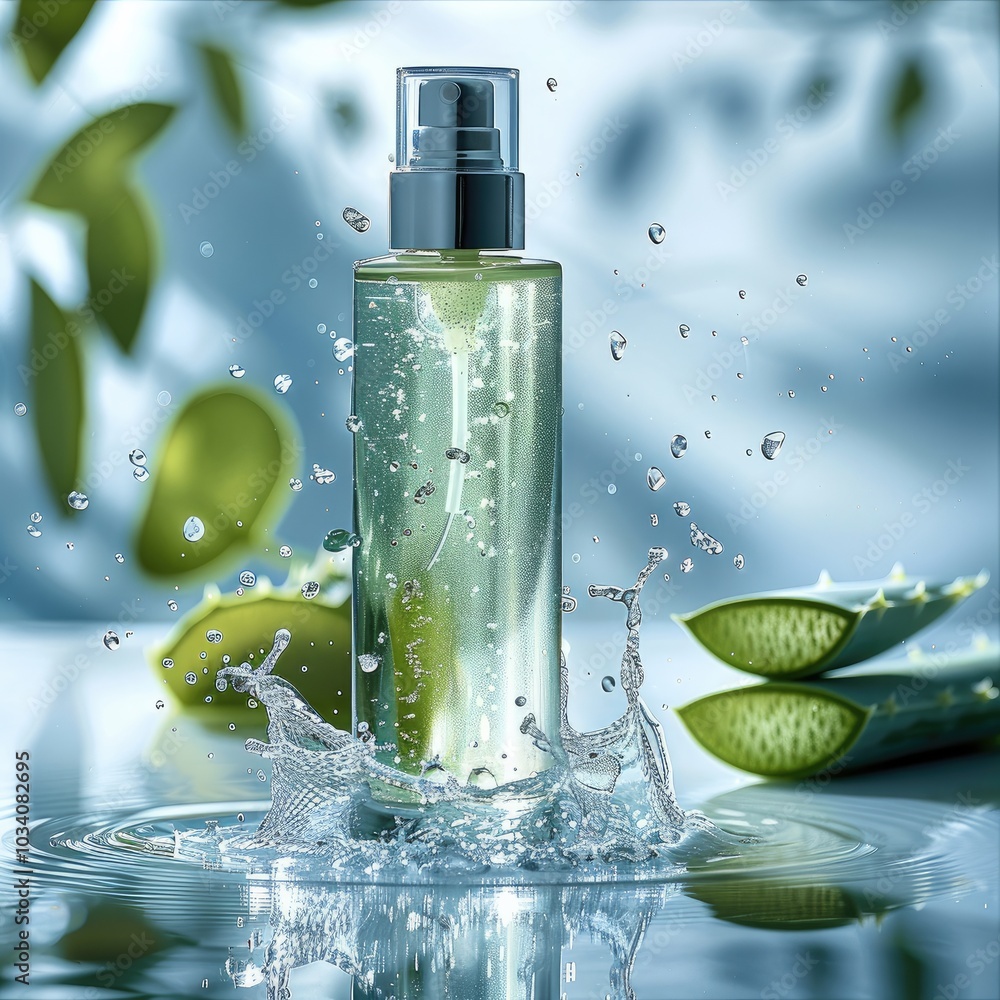 A bottle of facial toner, background with aloe vera and splashes of water, tube standing on a white surface reflecting light from behind. A bottle of facial toner, background with aloe vera and splashes of water, tube standing on a white surface reflecting light from behind.