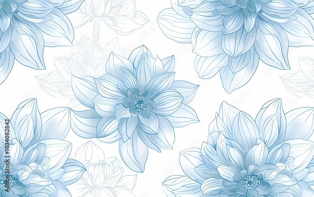 A seamless pattern of delicate line art dahlia flowers, their petals outlined in soft blue lines on an isolated white background. A seamless pattern of delicate line art dahlia flowers, their petals outlined in soft blue lines on an isolated white background.