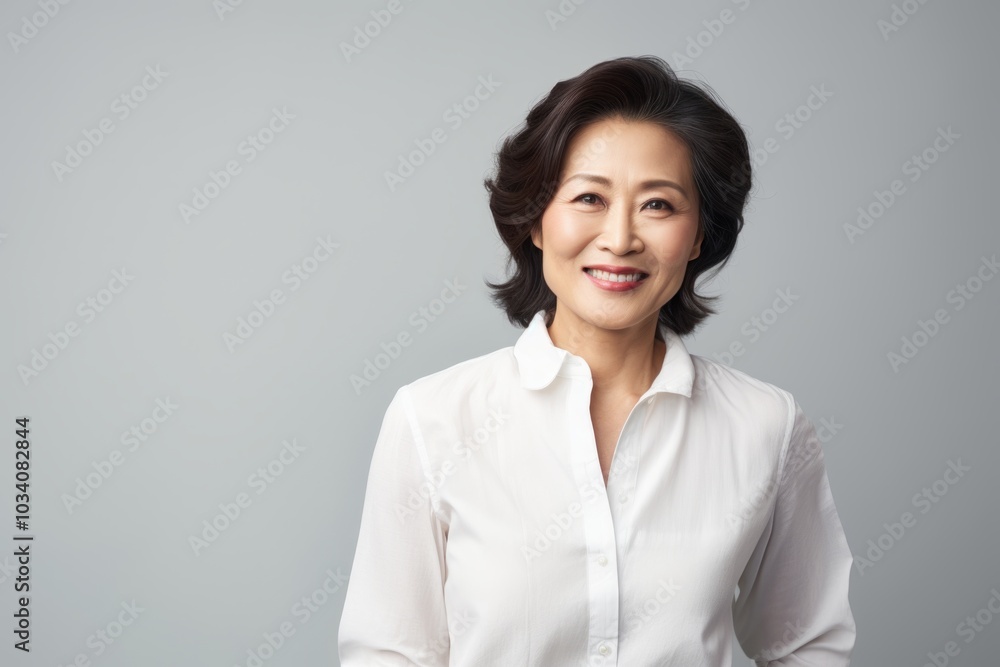 Portrait of a jovial asian woman in her 50s wearing a simple cotton shirt on minimalist or empty room background Portrait of a jovial asian woman in her 50s wearing a simple cotton shirt on minimalist or empty room background