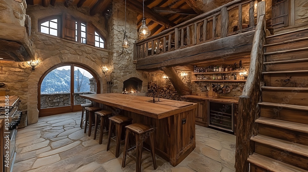 Obraz premium Rustic farmhouse kitchen with a wooden island and vintage stools