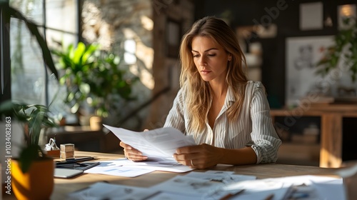 A dynamic woman with striking features, leading a team in a minimalist office while reviewing financial reports