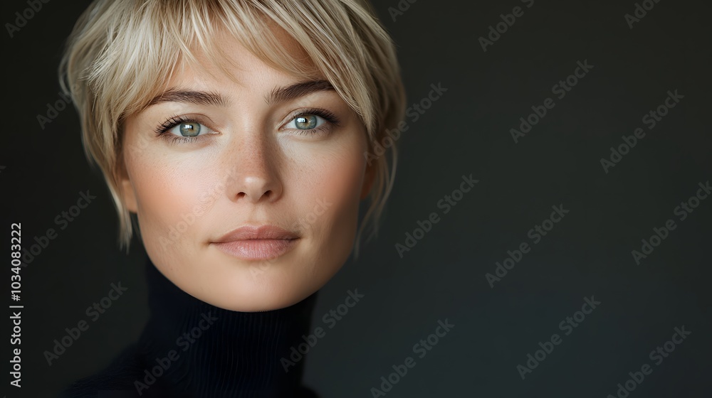 Close-up of a confident woman in her early 30s with short blonde hair and expressive eyes, blending Thai, French, and Russian features, looking directly at the camera with a serious expression Close-up of a confident woman in her early 30s with short blonde hair and expressive eyes, blending Thai, French, and Russian features, looking directly at the camera with a serious expression
