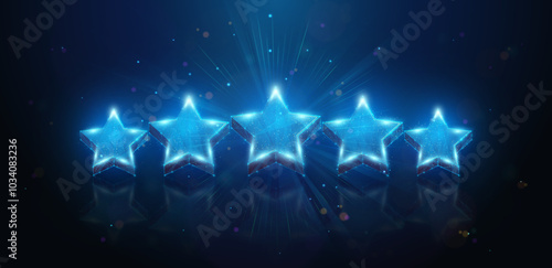 Abstract illustration of five stars rating in low poly style. Blue geometric background depicting customer feedback for excellent service or business award concept by wireframe connection structure