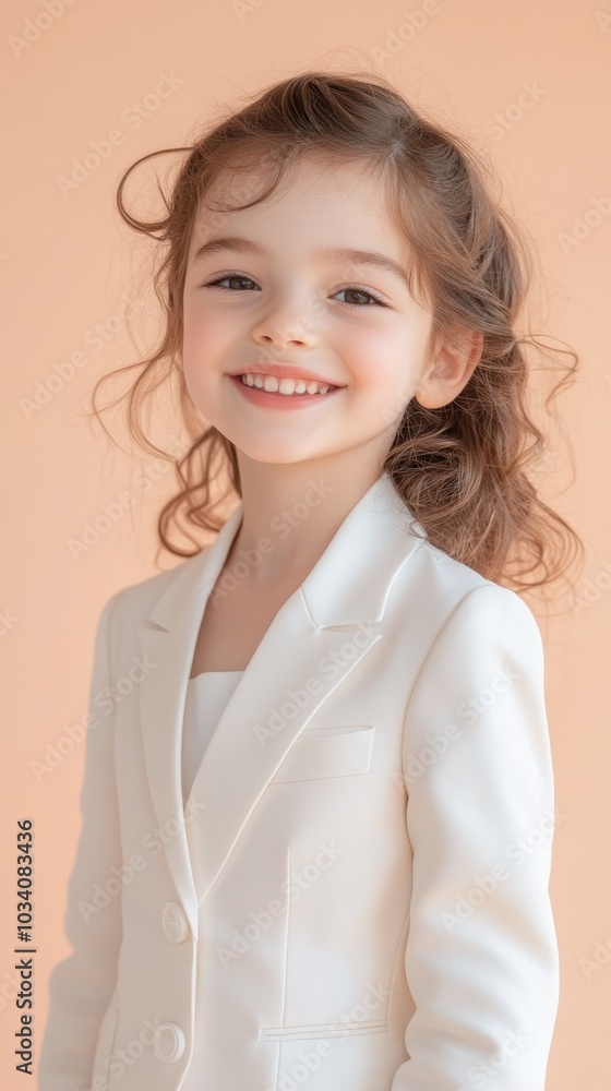 A Delightful Encounter with a Young Girl in a Chic White Suit Smiling Brightly Against a Soft Background A Delightful Encounter with a Young Girl in a Chic White Suit Smiling Brightly Against a Soft Background