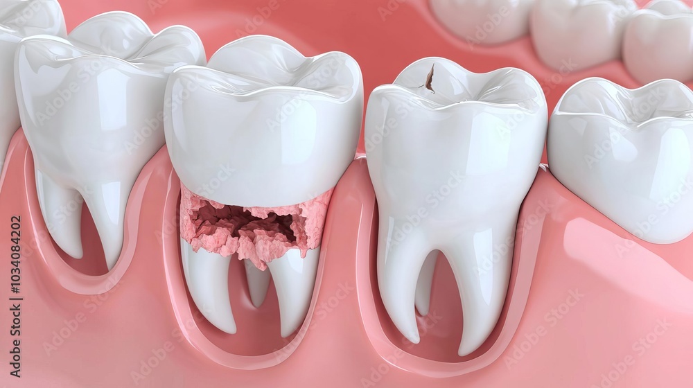 3D illustration of a decaying molar with visible cracks and cavities, decayed molar, tooth damage 3D illustration of a decaying molar with visible cracks and cavities, decayed molar, tooth damage