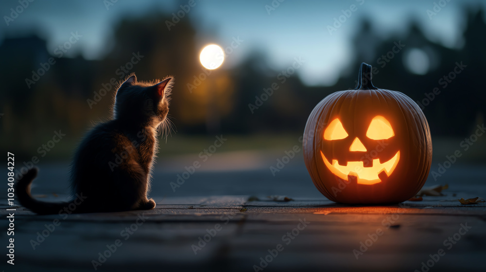 Obraz premium Cat sits by glowing Halloween pumpkin.