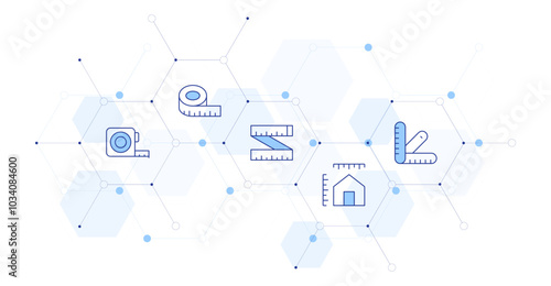 Measure Banner Vector Illustration with Icon Style in Between. Line Duotone icon. Containing measuring tape, ruler, set square, dimensions