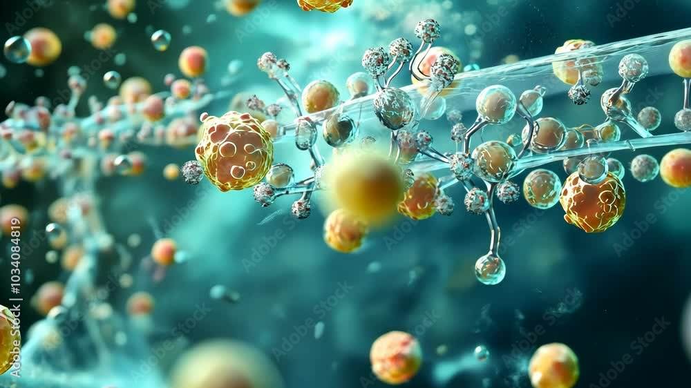 A microscopic view of a virus in a liquid solution, illustrating the complex structure of the pathogen A microscopic view of a virus in a liquid solution, illustrating the complex structure of the pathogen