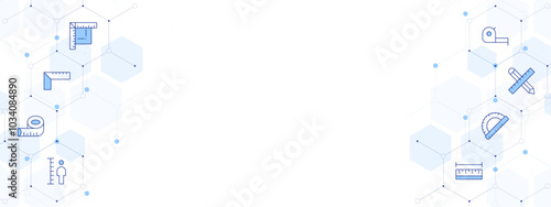 Measure Banner Vector Illustration with Two-sided Icon Style. Line Duotone icon. Containing protractor, work in progress, measuring tape, ruler, length, height