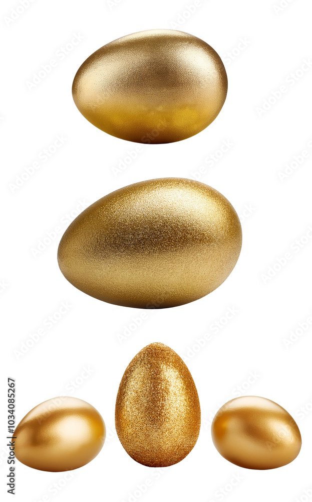 Shiny golden eggs displayed in various sizes on a white isolated background. Shiny golden eggs displayed in various sizes on a white isolated background.