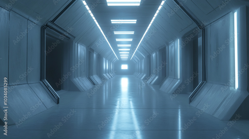 Obraz premium Futuristic White Corridor with Bright Lights and Doors Sci Fi Interior Design