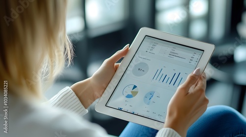 Close-up of a woman s hand holding a digital tablet, scrolling through business data, with her short blonde hair visible in the background photo