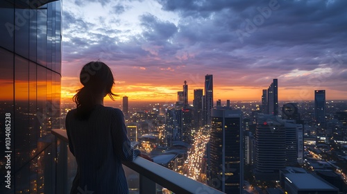 Wide shot of a woman standing on the edge of a balcony, looking out over a busy city skyline at sunset